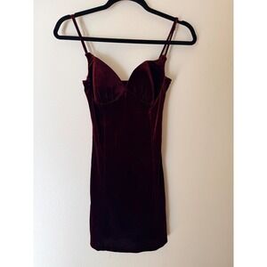 Vintage 90s Burgundy Velvet Mini Dress Structured Bust Bodycon Y2K XS